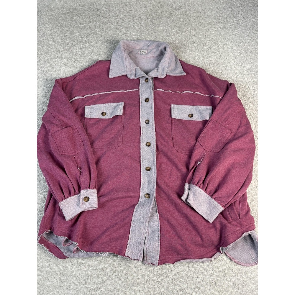 POL Jacket Womens Small Purple Knit Button Front Raw Hem Shacket Pockets‎ Boho